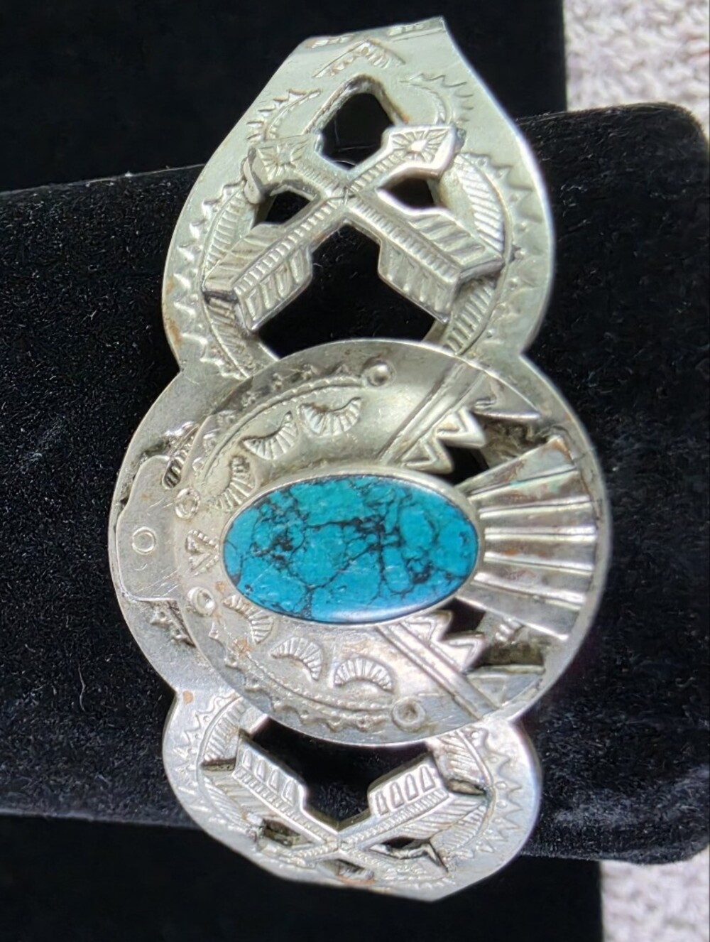 Vintage Nickel Silver Turquoise Statement Cuff Bracelet - Turquoise